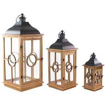 Set of 3 Natural Wood Candle Lanterns with Black Metal Tops 26.5"