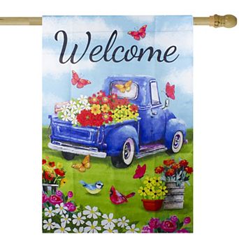 Welcome Blue Pickup Truck with Flowers Outdoor House Flag 28" x 40"