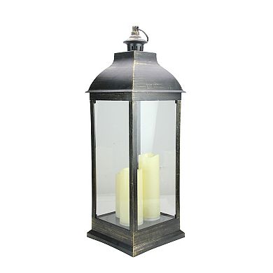 28" Gold Brushed Black Lantern With Flameless LED Candles