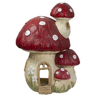 18" Red and Beige Mushroom House Outdoor Garden Statue