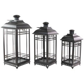 Set of 3 Distressed Black Mission Style Candle Lanterns 19.5"