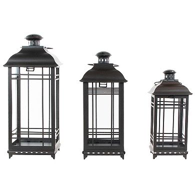 Set of 3 Distressed Black Mission Style Candle Lanterns 19.5"