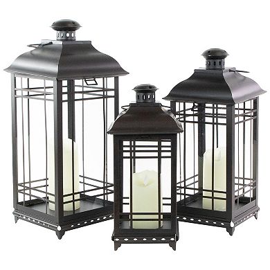 Set of 3 Distressed Black Mission Style Candle Lanterns 19.5"