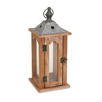 15" Brown and Clear Rustic Handmade Lantern with Metal Roof