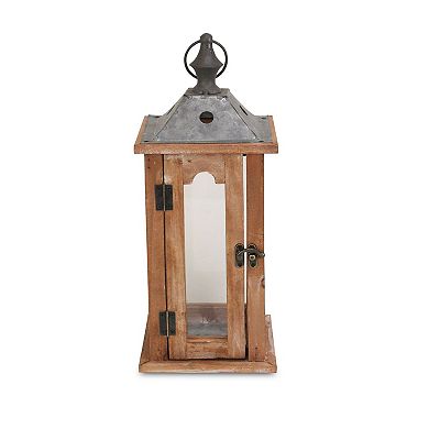 15" Brown and Clear Rustic Handmade Lantern with Metal Roof