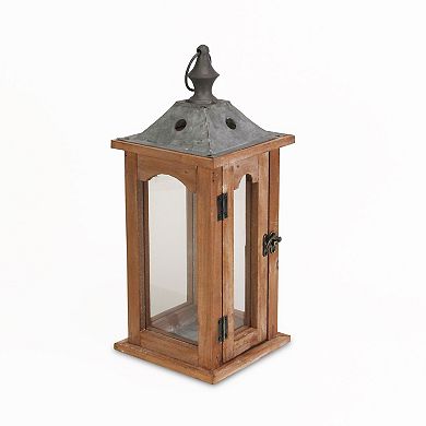 15" Brown and Clear Rustic Handmade Lantern with Metal Roof