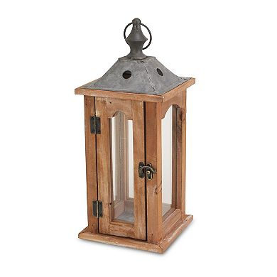 15" Brown and Clear Rustic Handmade Lantern with Metal Roof