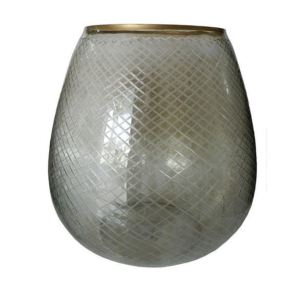 15.75" Gray Cross Cut Glass Pillar Candle Holder with Gold Rim
