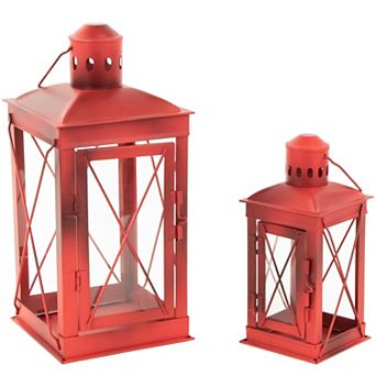 Set of 2 Antique Red Mission Style Candle Lanterns 12.25"
