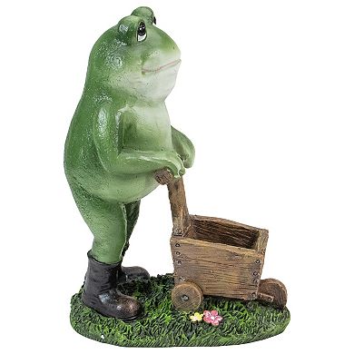 11.5" Green Frog Pushing Wheelbarrow Outdoor Garden Statue