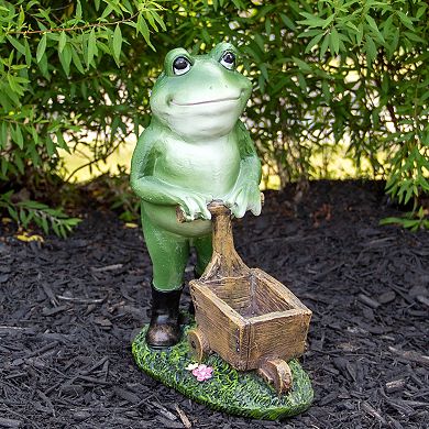11.5" Green Frog Pushing Wheelbarrow Outdoor Garden Statue