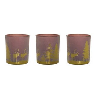 Pack of 3 Taupe and Gold Pine Forest Glass Votive Candle Holder 3”