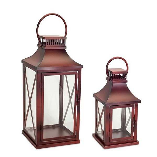 28H Antique Bronze Metal Indoor/Outdoor Lantern with Glass Panes and Timer  