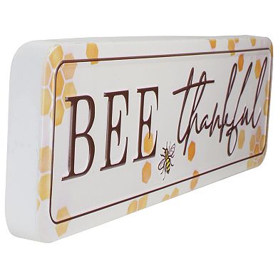 20" White and Brown "BEE Thankful" Metal Sign with Honeycombs Wall Decor