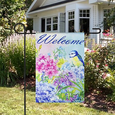 Blue and Purple Welcome Bird Outdoor Garden Flag 12.5" x 18"