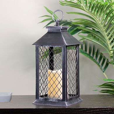 11" Black Brushed Silver Mesh Candle Lantern with Flameless LED Candle