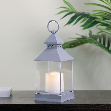 9.5" Gray Candle Lantern with Flameless LED Candle Tabletop Decor