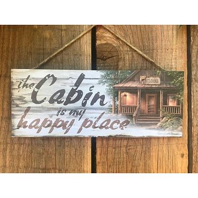 Gray and Brown Cabin Happy Place Rectangular Wall Sign with Rope Hanger 4" x 10"