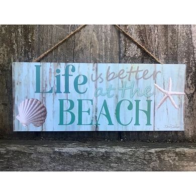 Blue and Cream White Shell Printed Rectangular Wall Sign with Rope Hanger 4" x 10"