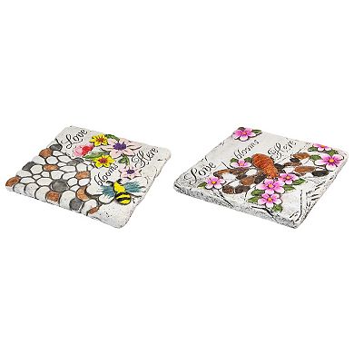 Set of 2 'Love Blooms Here' Floral Outdoor Garden Stones 7"