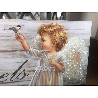White and Gray Angel Printed Rectangular Wall Sign with Rope Hanger 4" x 10"