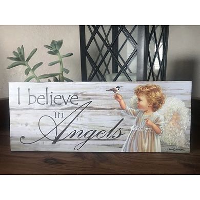 White and Gray Angel Printed Rectangular Wall Sign with Rope Hanger 4" x 10"