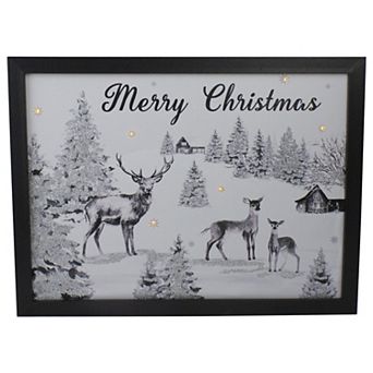 Lighted Black and White Winter Scene Merry Christmas Canvas Wall Art 11.75" x 15.75"
