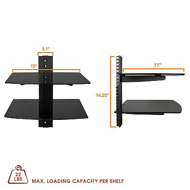 MegaMounts Tempered Glass Double Shelf Single Stud Wall Mount