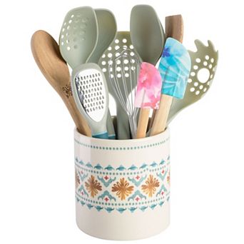 Spice by Tia Mowry Savory Saffron 12 pc Wood and Nylon Kitchen Tool Set with Ceramic Crock