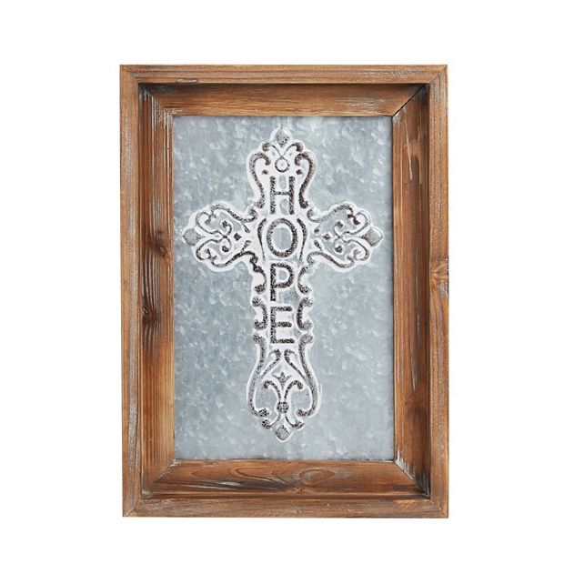 Galvanized Metal Cross, Wooden Religious Christian Hope Wall Decor