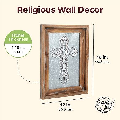 Galvanized Metal Cross, Wooden Religious Christian Hope Wall Decor (12 x 16 In)
