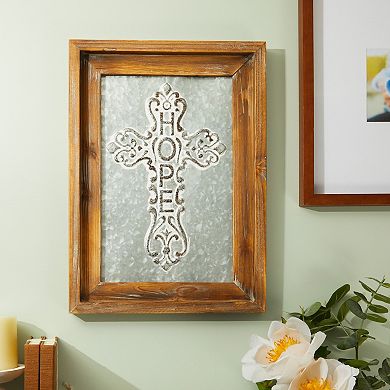Galvanized Metal Cross, Wooden Religious Christian Hope Wall Decor (12 x 16 In)