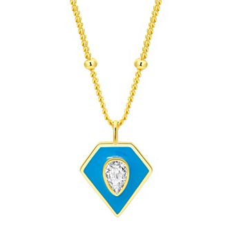 Enamorata Blue Enamel & Pear Cubic Zirconia Diamond Shape Pendant Necklace