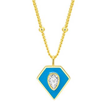 Enamorata Blue Enamel & Pear Cubic Zirconia Diamond Shape Pendant Necklace