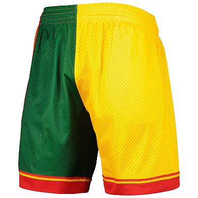 Men's Mitchell & Ness Green/Gold Seattle SuperSonics Hardwood Classics 1995 Split Swingman Shorts