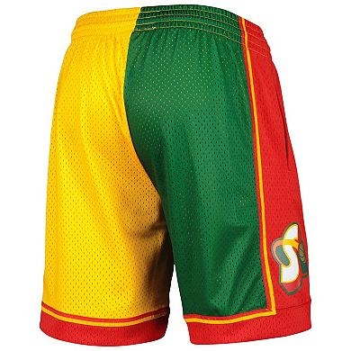 Men's Mitchell & Ness Green/Gold Seattle SuperSonics Hardwood Classics 1995 Split Swingman Shorts