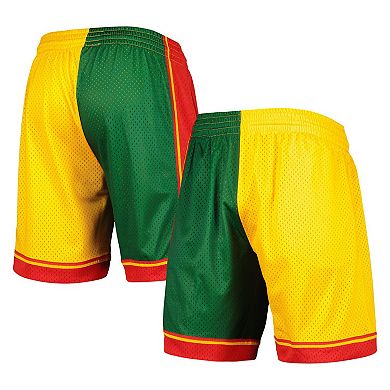 Men's Mitchell & Ness Green/Gold Seattle SuperSonics Hardwood Classics 1995 Split Swingman Shorts