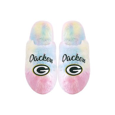 Youth FOCO Green Bay Packers Rainbow Script Slippers