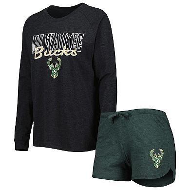 Women's Concepts Sport Heather Black/Heather Hunter Green Milwaukee Bucks Team Raglan Long Sleeve T-Shirt & Shorts Sleep Set