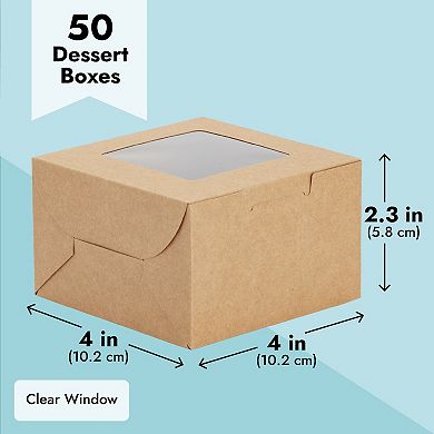 50 Pack 4x4x2.5 Mini Dessert Boxes with Window, Baked Goods Packaging Containers