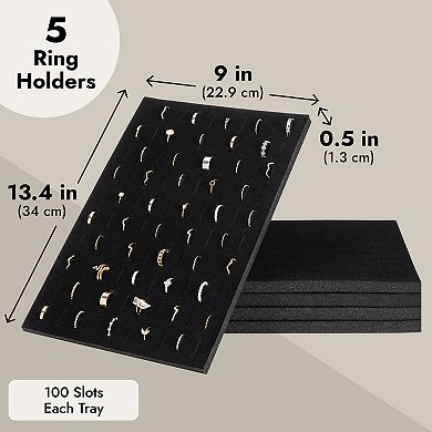 5-pack 100 Slots Velvet Ring Insert Display Tray (13 X 9 In, Black)