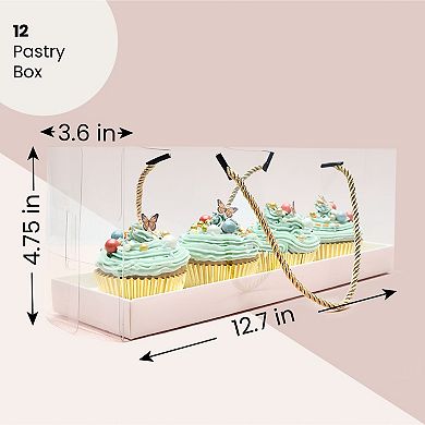 12 Pack Clear Cupcake Boxes with Gold Rope Handle and White Inserts, 4 Compartments (12.7 x 4.7 x 3.6 In)