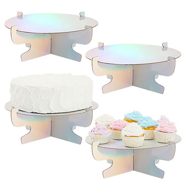 4 Pack 1 Tier Cake Stand, Mini Holographic Silver Cardboard Cake Stands