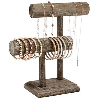 Rustic-Style 2 tier Jewelry Organizer Stand, Wooden T-Bar Jewelry Holder, 8x4x9