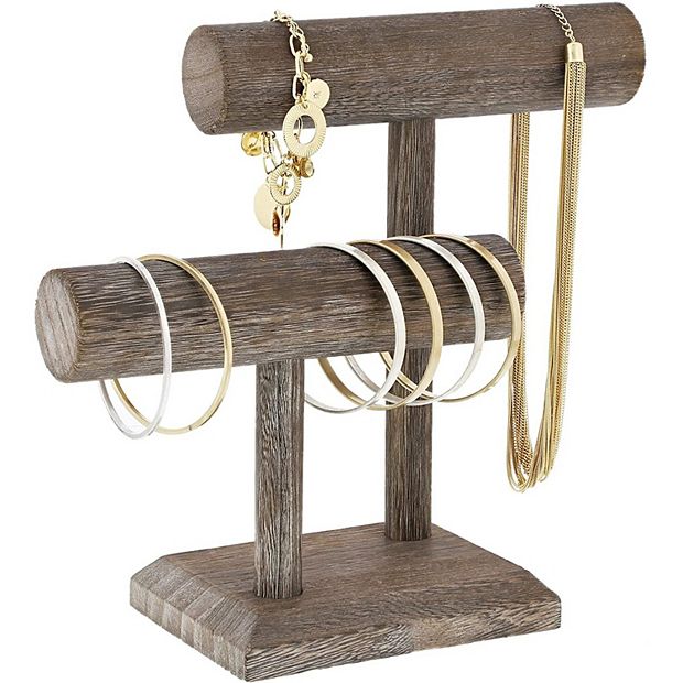 Rustic 2-Tier Jewelry Stand Organizer, Wooden T-Bar Necklace and Bracelet  Holder for Accessories (8