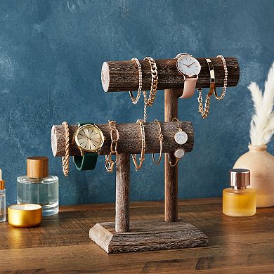 Rustic-Style 2-Tier Jewelry Organizer Stand, Wooden T-Bar Jewelry Holder, 8x4x9