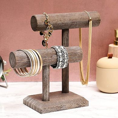 Rustic 2-Tier Jewelry Stand Organizer, Wooden T-Bar Necklace and Bracelet Holder for Accessories (8 x 4 x 9 In)