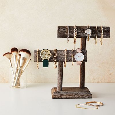 Rustic-Style 2-Tier Jewelry Organizer Stand, Wooden T-Bar Jewelry