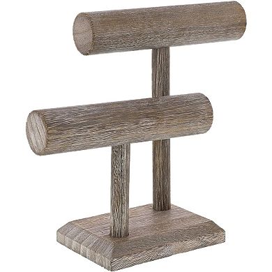 Rustic 2-Tier Jewelry Stand Organizer, Wooden T-Bar Necklace and Bracelet Holder for Accessories (8 x 4 x 9 In)