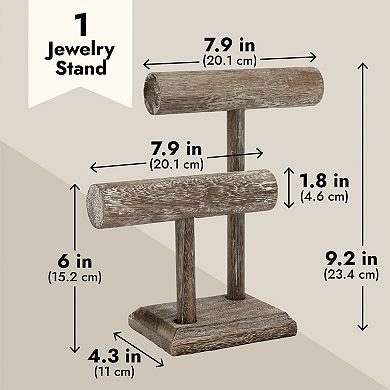 Rustic-Style 2-Tier Jewelry Organizer Stand, Wooden T-Bar Jewelry Holder, 8x4x9